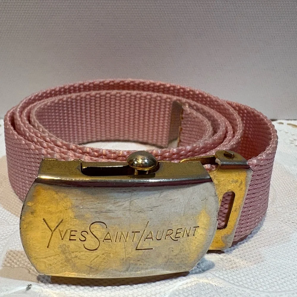 Yves Saint Laurent Vintage Gold Belt Buckle with Pink Woven Strap